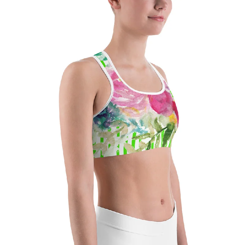 Pink Floral Sports Bra, Green Pink Colorful Floral Print Women's Gym Bra-Made in USA/EU Soft Mesh Bra Pink Floral Sports Bra, Green Pink Colorful Floral Print Women's Gym Bra-Made in USA/EU Soft Mesh Bra
