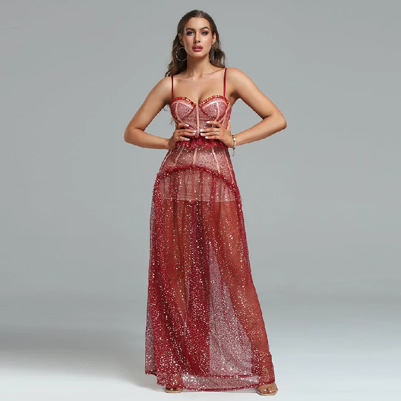 Strappy Sequins Mesh&Lace Maxi Dress Comfortable T-Shirt Maxi Dress