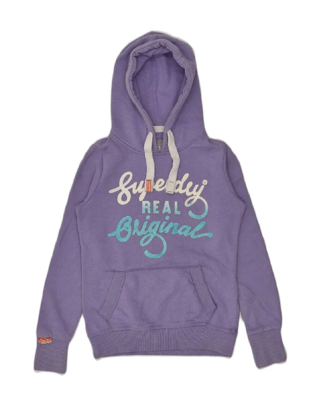 SUPERDRY Womens Graphic Hoodie Jumper UK 10 Small Purple Cotton Hoodie with Lace Feminine Delicate SUPERDRY Womens Graphic Hoodie Jumper UK 10 Small Purple Cotton Hoodie with Lace Feminine Delicate