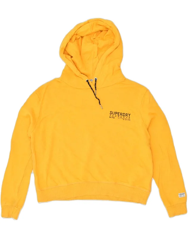 SUPERDRY Womens Graphic Hoodie Jumper UK 14 Large Yellow Cotton Hoodie with Back Slit Movement Comfort SUPERDRY Womens Graphic Hoodie Jumper UK 14 Large Yellow Cotton Hoodie with Back Slit Movement Comfort
