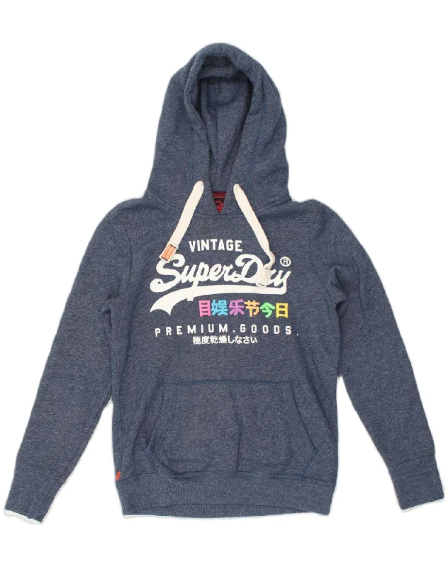 SUPERDRY Womens Graphic Hoodie Jumper UK 14 Medium Blue Flecked Cotton Hoodie with Logo Branding Identity SUPERDRY Womens Graphic Hoodie Jumper UK 14 Medium Blue Flecked Cotton Hoodie with Logo Branding Identity