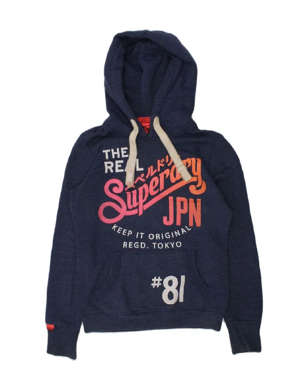 SUPERDRY Womens Graphic Hoodie Jumper UK 6 XS Navy Blue Cotton Hoodie with Velcro Closure Adjustable Secure SUPERDRY Womens Graphic Hoodie Jumper UK 6 XS Navy Blue Cotton Hoodie with Velcro Closure Adjustable Secure