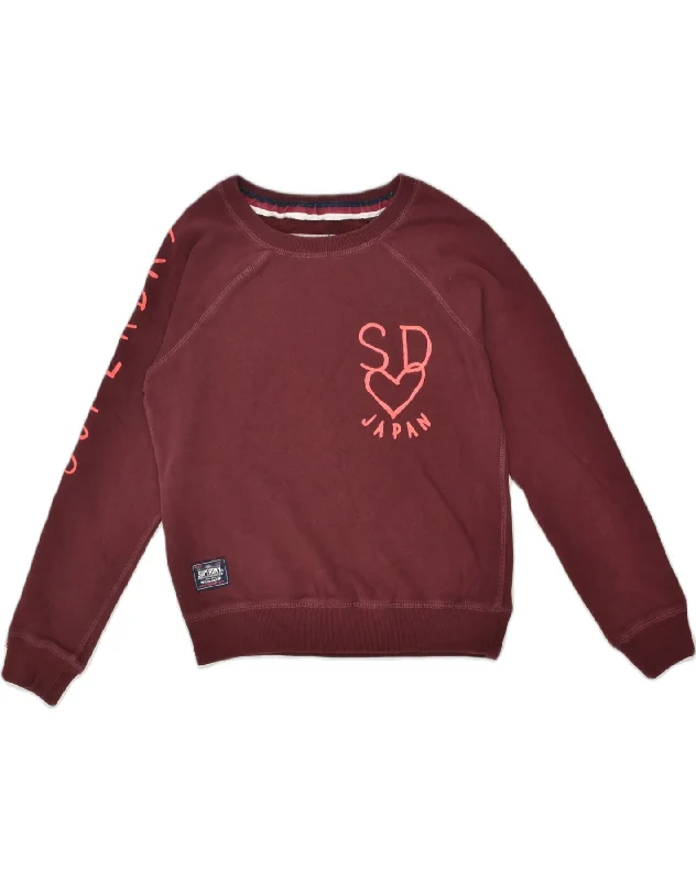 SUPERDRY Womens Graphic Sweatshirt Jumper UK 12 Medium Burgundy Cotton Hoodie with Stripes Bold Sporty SUPERDRY Womens Graphic Sweatshirt Jumper UK 12 Medium Burgundy Cotton Hoodie with Stripes Bold Sporty