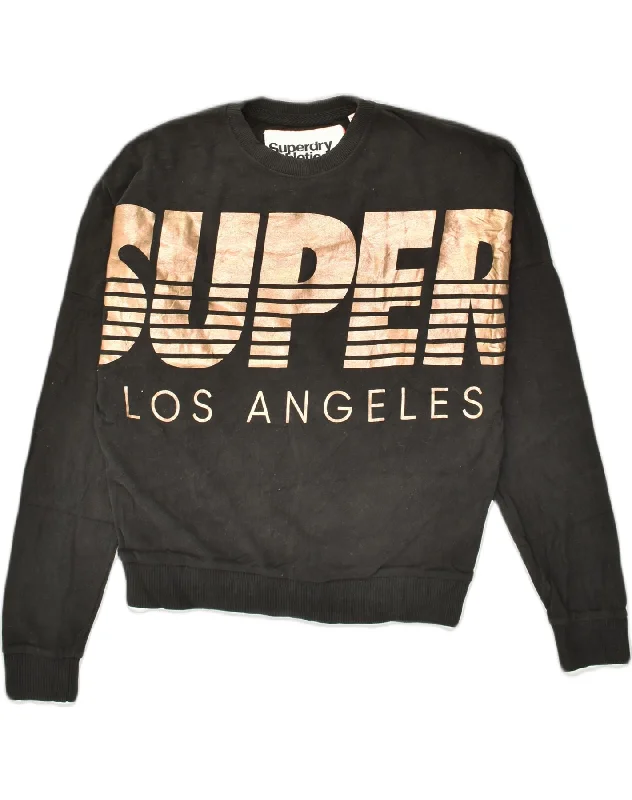 SUPERDRY Womens Oversized Graphic Sweatshirt Jumper UK 10 Small Black Hoodie with Raw Hem Edgy Unfinished SUPERDRY Womens Oversized Graphic Sweatshirt Jumper UK 10 Small Black Hoodie with Raw Hem Edgy Unfinished