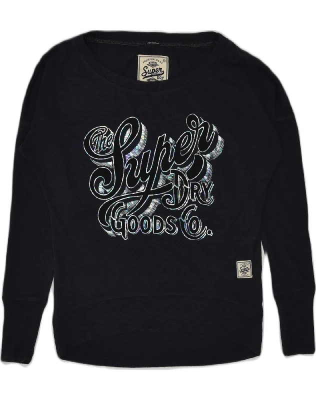 SUPERDRY Womens Oversized Graphic Sweatshirt Jumper UK 6 XS Navy Blue Hoodie with Raw Hem Edgy Unfinished SUPERDRY Womens Oversized Graphic Sweatshirt Jumper UK 6 XS Navy Blue Hoodie with Raw Hem Edgy Unfinished