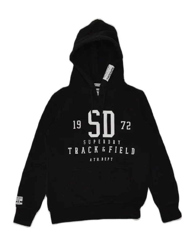 SUPERDRY Womens Track & Field Graphic Hoodie Jumper UK 10 Small Black Hoodie with Patch Decorative Personalized SUPERDRY Womens Track & Field Graphic Hoodie Jumper UK 10 Small Black Hoodie with Patch Decorative Personalized