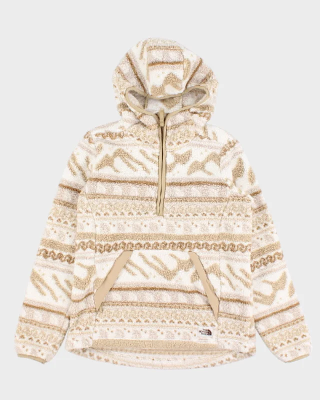 The North Face Beige & White Printed Hooded Fleece - XS Hoodie with Ribbed Neckline Snug Warm The North Face Beige & White Printed Hooded Fleece - XS Hoodie with Ribbed Neckline Snug Warm
