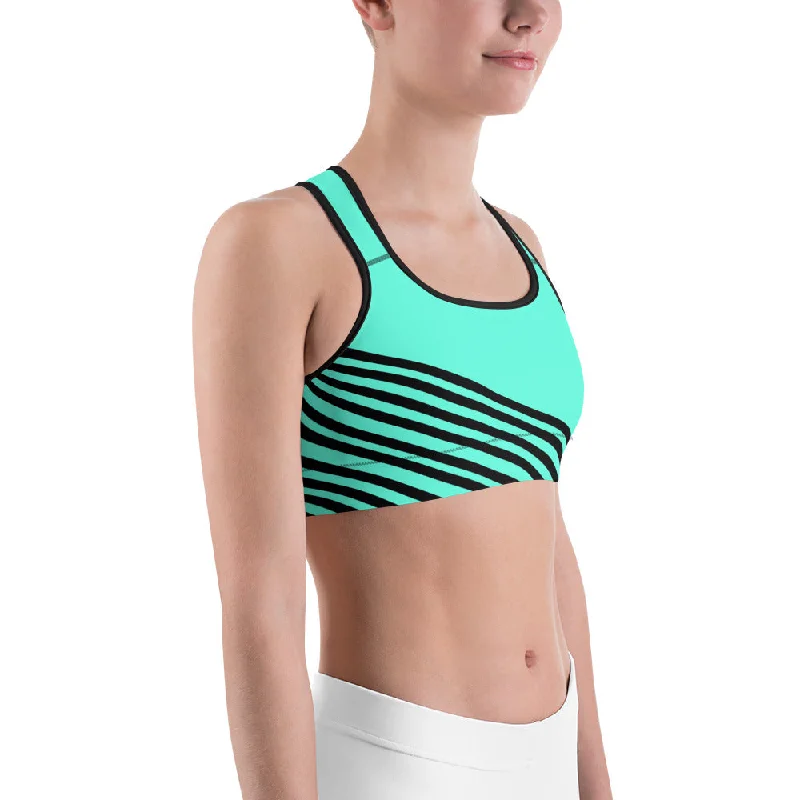 Turquoise Blue Striped Sports Bra, Black Diagonal Striped Women's Gym Bra- Made in USA Sexy Lace Bralette Turquoise Blue Striped Sports Bra, Black Diagonal Striped Women's Gym Bra- Made in USA Sexy Lace Bralette