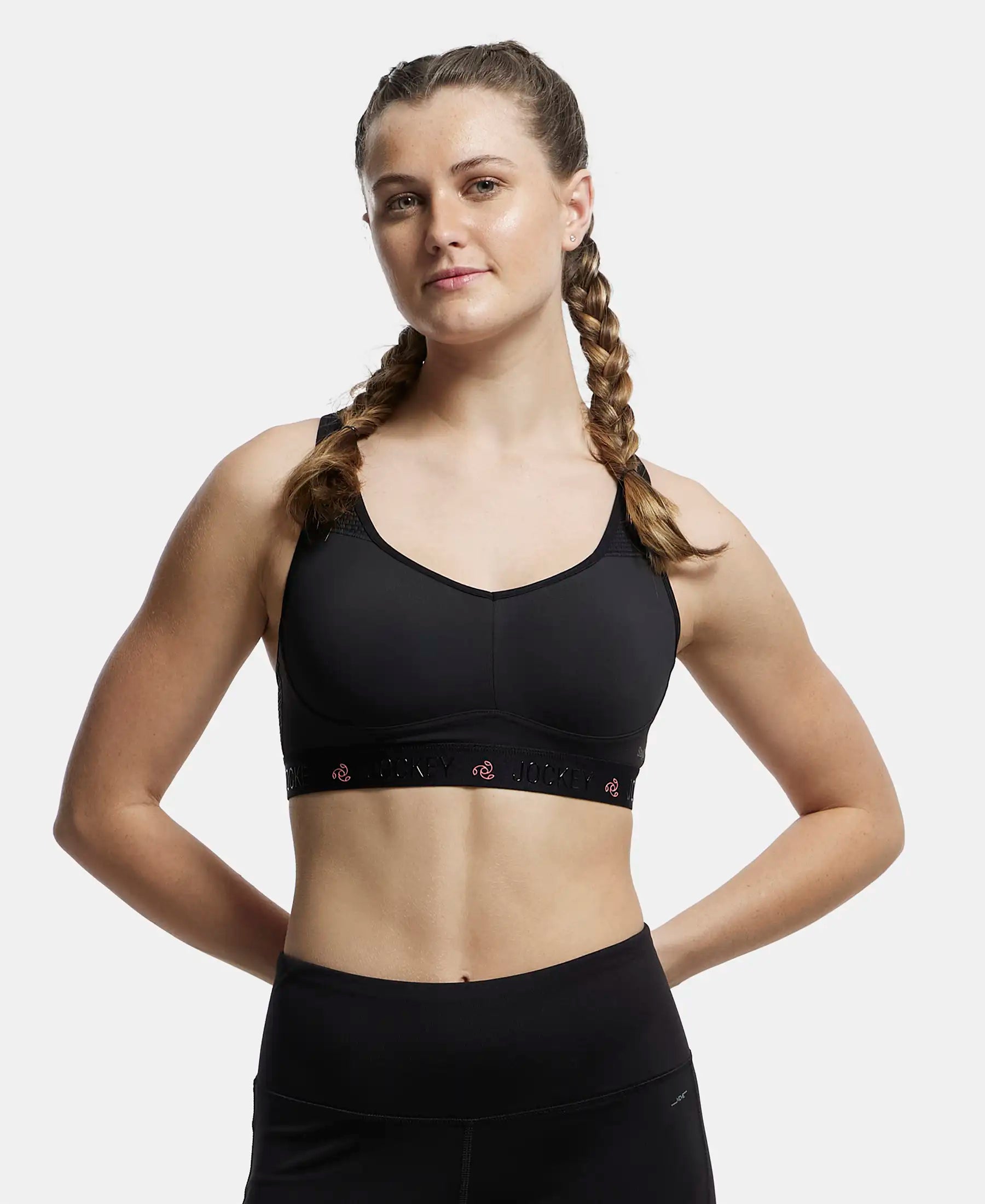 Wirefree Padded Tactel Nylon Elastane Stretch Full Coverage Sports Bra with Optional Cross Back Styling - Black High Support Sports Bra Wirefree Padded Tactel Nylon Elastane Stretch Full Coverage Sports Bra with Optional Cross Back Styling - Black High Support Sports Bra