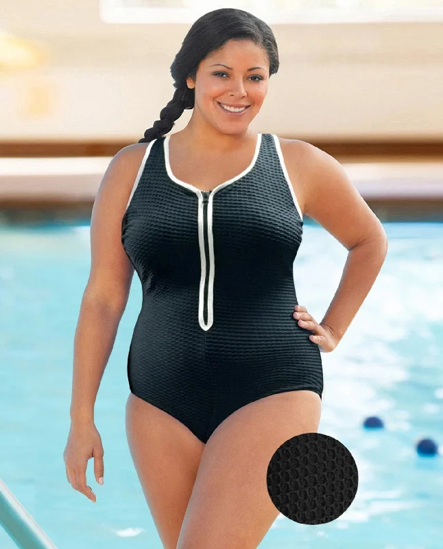 CHLORINE RESISTANT AQUAMORE COLOR BLOCK TEXTURED ZIPPER SWEETHEART NECK PLUS SIZE SWIMSUIT Trendy Swimsuit Bottoms