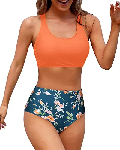 Flattering Women's High Waisted Two Piece Bikini Sports Crop Top Swimsuit-Orange Flowers Retro Swimwear Style