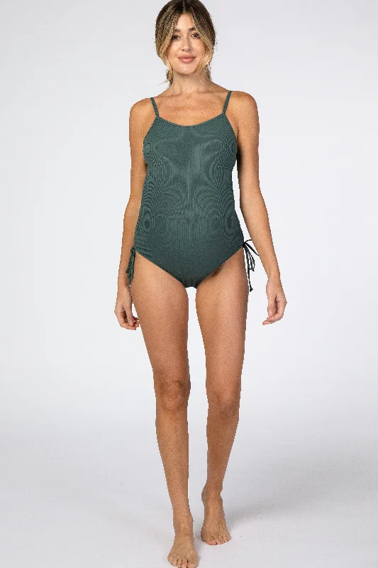 Green Ribbed Side Tie One-Piece Maternity Swimsuit Elegant Ruffled Bikini