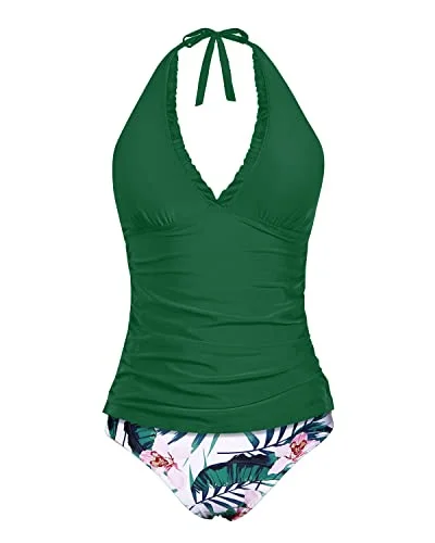 Open Backs Two Piece Tankini Bathing Suits Ruffle V Neck Swimsuits For Women-Green Tropical Floral Ruched Swimwear Set