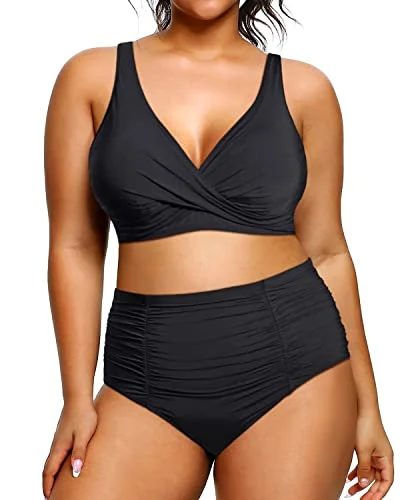 Plus Size High Waist Bikini Tummy Control Bathing Suits Twist Front Swimwear-Black Elegant Ruffle Swimsuit