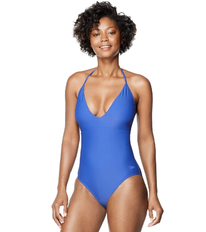 Speedo Active Women's V-Neck Halter One Piece Swimsuit Royal Blue High-Waisted Swim Bottoms