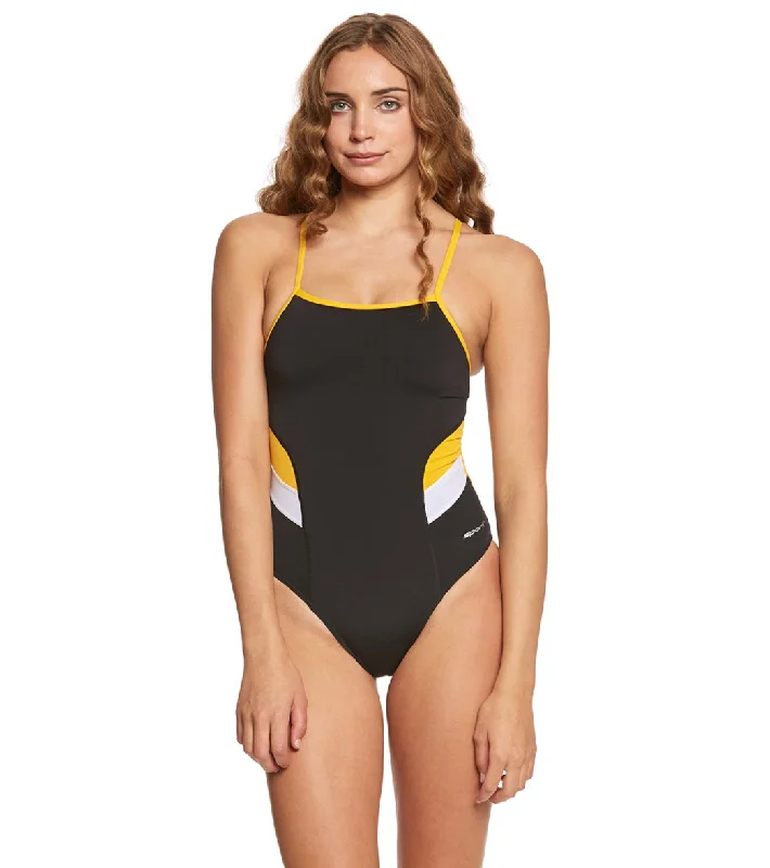 Sporti HydroLast Splice Thin Strap One Piece Swimsuit Black/Gold Classic Sporty Swimsuit