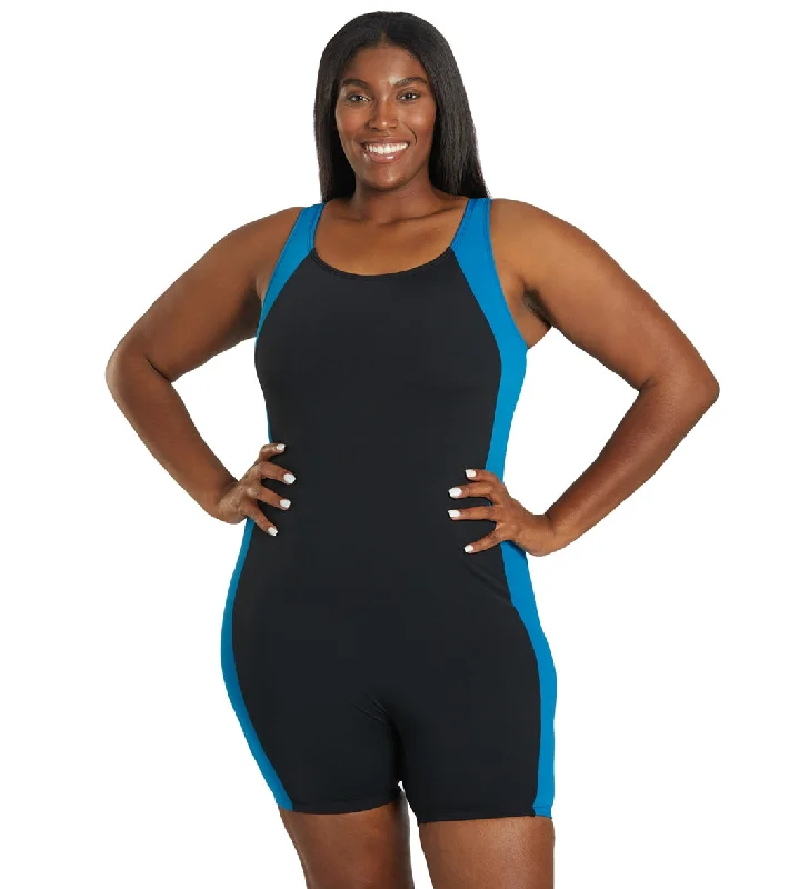 Sporti Plus Size HydroLast Chlorine Resistant Splice Scoop Back Unitard One Piece Swimsuit Black/Teal Vibrant Bikini Bottoms