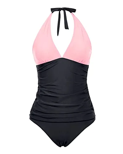 Women Adjustable Self Tie Shoulder Straps Two Piece Tankini Swimsuit-Pink And Black Quick-Dry Swimsuit