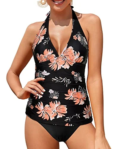 Two Piece Ruched Tankini Cover Tummy Control Swimsuit-Black Orange Floral Stylish Swimsuit Set