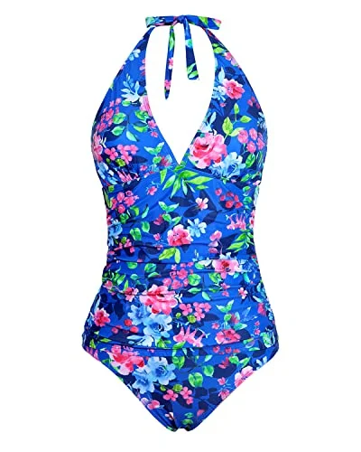 Two Piece Tankini Bathing Suits For Women With Plump Breasts-Royal Blue Flowers Push-Up Swimsuit Top