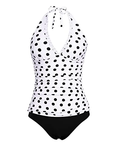 Open Back Tankini Top With Adjustable Strap V Neck Tankini Swimsuits-White Black Polka Dots Tie-Back Swimwear