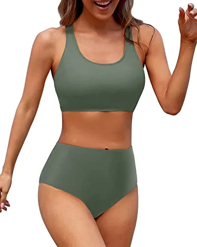 Sporty Women's High Waisted Two Piece Bikini Sports Crop Top Swimsuit-Army Green Color-Block Bikini