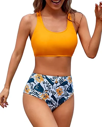 Athletic Women's Bikini Sports Crop Top Swimsuit For Teens-Yellow Floral Sexy Swimwear Set