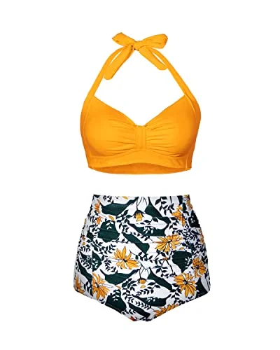 Ruched Twist 50S Style Retro Swimwear High Waisted Bikini Set For Women-Yellow Floral Floral Bikini Top