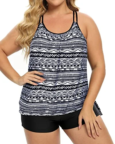 Plus Size Blouson Tankini Top With Boy Shorts For Women-Black Tribal Sexy Two-Piece Set