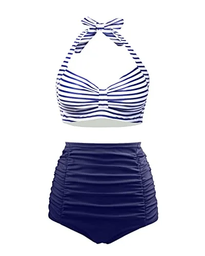 Women's Ruched High Waisted Bikini Set Vintage Halter 2 Piece Swimsuit Adjustable Strap Swimsuit