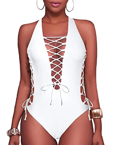 Plunge V Neck Lace Up One Piece Swimsuits-White Sporty Swim Shorts