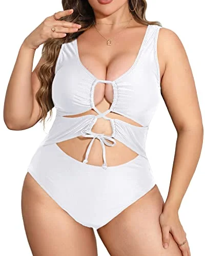 Women High Waisted Plus Size Cutout One Piece Swimwear For Women-White Comfortable Tankini Set