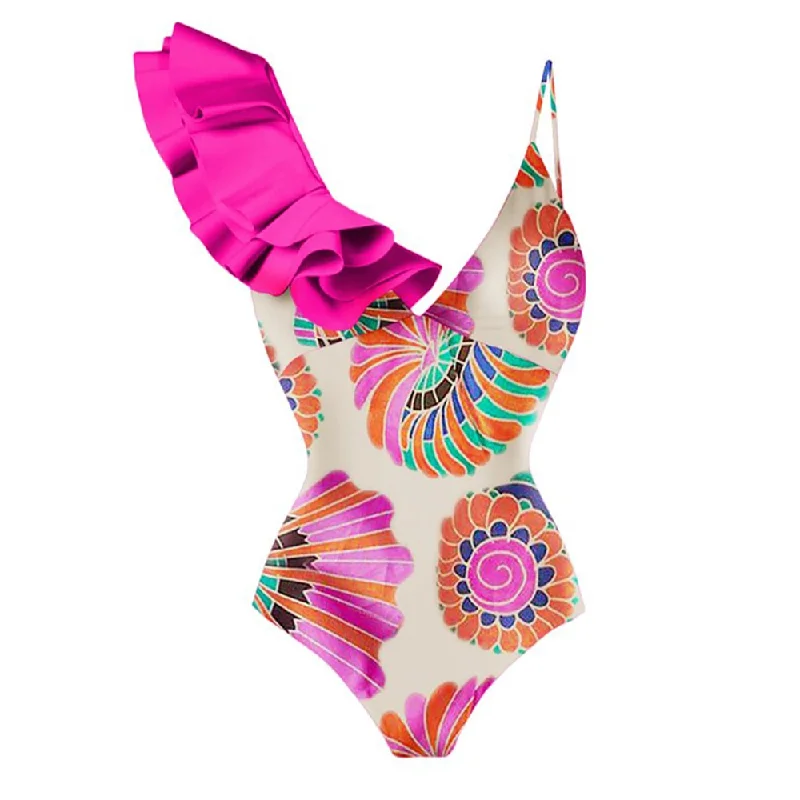 Neon Colorblock Print Ruffle One-Piece Swimsuit Retro-Inspired Bikini Set