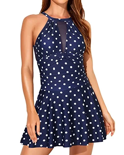 One Piece Swimdress Tummy Control High Neck Halter Skirt Bathing Suits-Blue Dot Playful Pattern Swimsuit