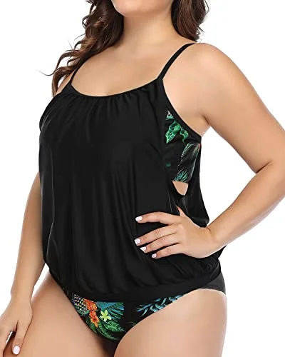 Women's Flattering Plus Size Tankini Swimsuits-Black Pineapple Adjustable Bikini Bottoms Women's Flattering Plus Size Tankini Swimsuits-Black Pineapple Adjustable Bikini Bottoms