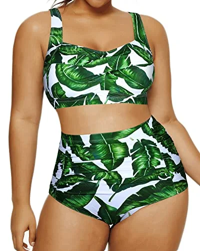 Two Piece Retro High Waisted Swimsuit Ruched Bottom-Green Leaf Stylish Swimsuit Set