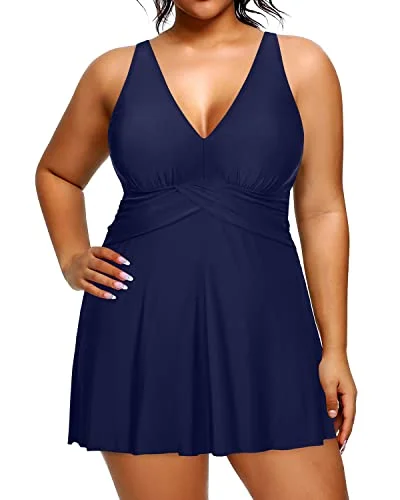 One Piece Swimsuit With A Line Silhouette And High Waist For Women-Navy Blue Casual Swim Dress One Piece Swimsuit With A Line Silhouette And High Waist For Women-Navy Blue Casual Swim Dress