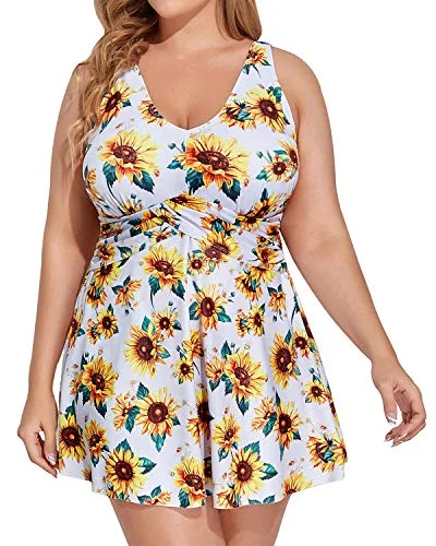 Slimming Women One Piece Plus Size Swim Dress Swimsuits With Skirt-White And Sunflower Sleek Full Coverage