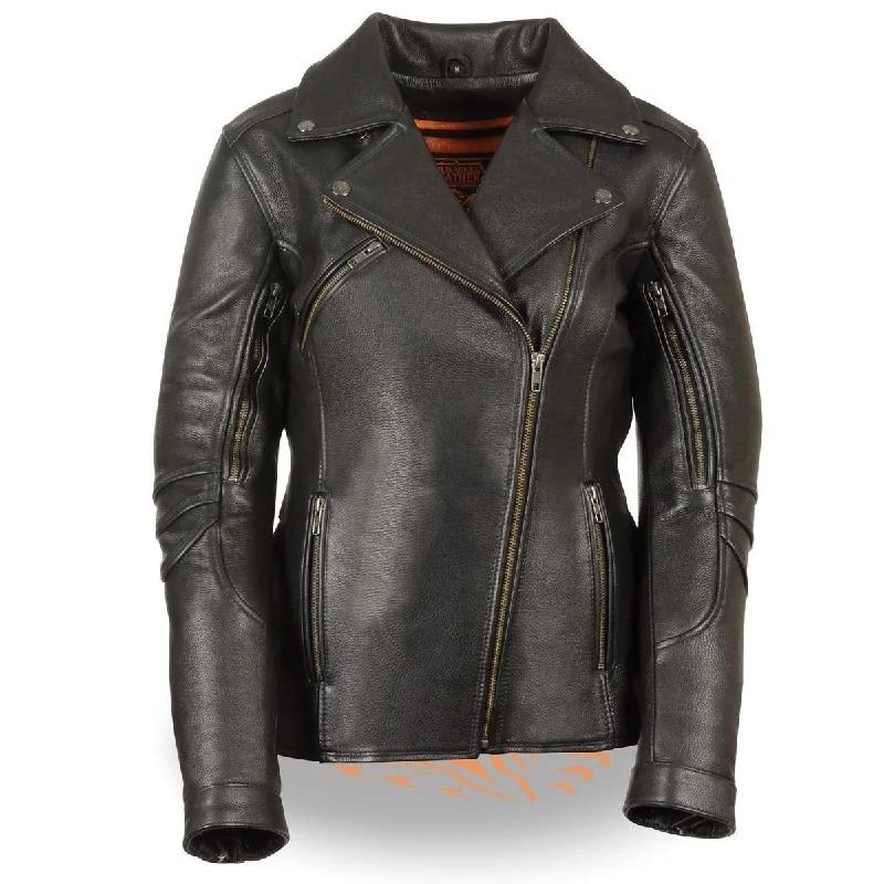 Milwaukee Leather MLL2580 Women's Long Length Belt-Less Vented Black Leather Jacket Print Jacket Jacquard Jacket Embroidered Jacket