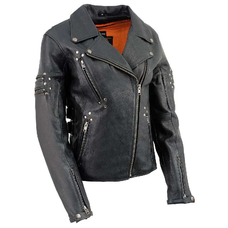 Milwaukee Leather MLL2585 Women's Black Motorcycle Premium Leather Jacket with Rivets One-Shoulder Jacket Off-the-Shoulder Jacket Asymmetrical Jacket