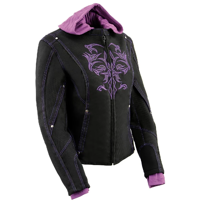 Milwaukee Leather MPL1967 Women's 3/4 Hooded Black and Purple Textile Jacket with Reflective Tribal Detail Print Jacket Jacquard Jacket Patchwork Jacket