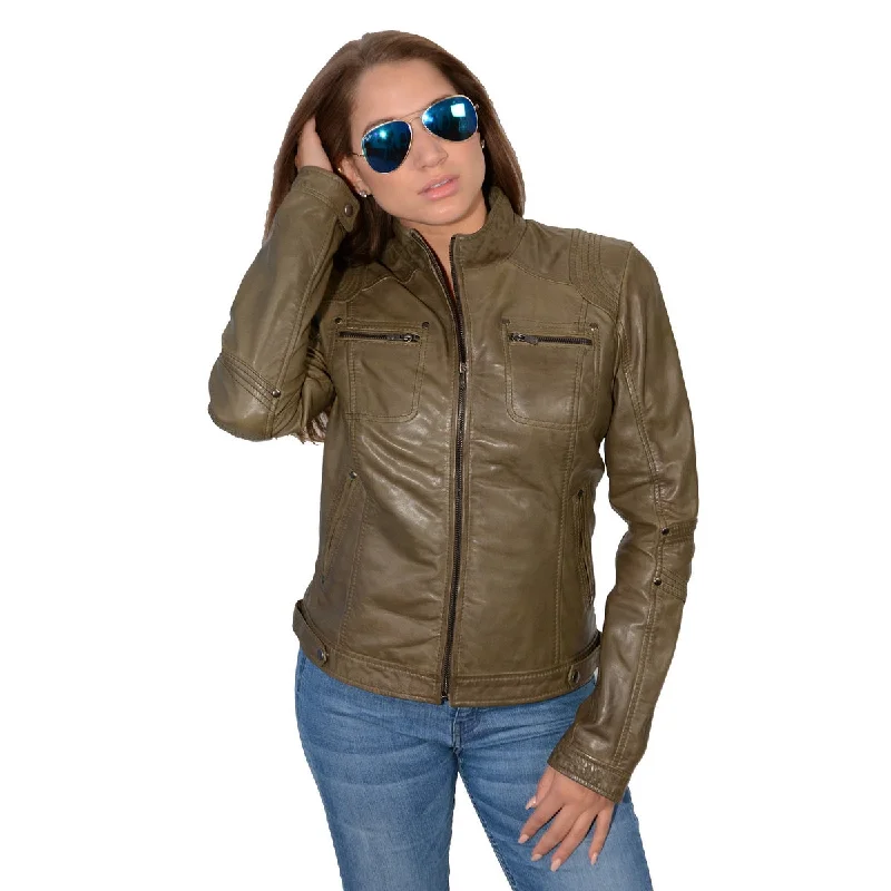 Milwaukee Leather SFL2800 Women's 'Racer' Olive Stand Up Collar Motorcycle Fashion Leather Jacket Hooded Jacket Caped Jacket Shawl Collar Jacket