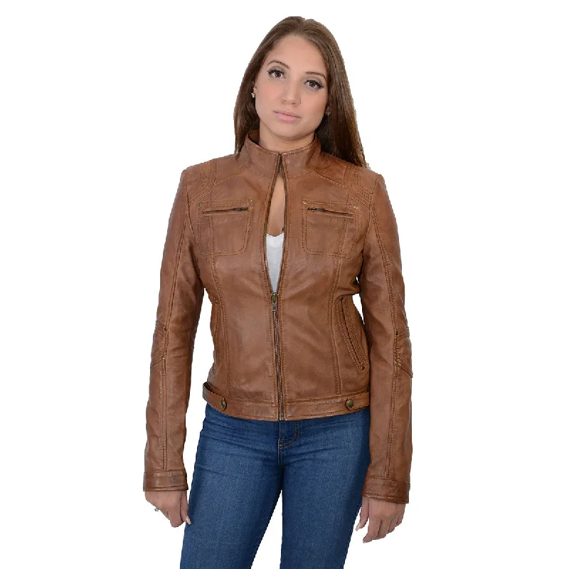 Milwaukee Leather SFL2800 Women's 'Racer' Whiskey Stand Up Collar Motorcycle Fashion Leather Jacket Stand-Up Collar Roll-Neck Collar Turtle Neck