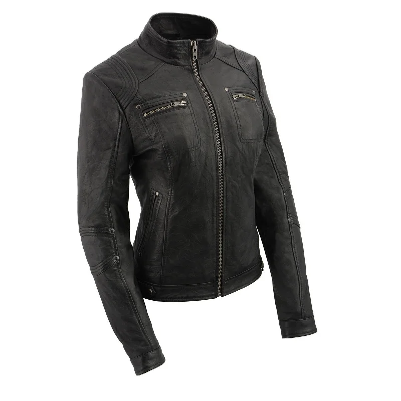 Milwaukee Leather SFL2801 Women's 'Racer' Black Stand Up Collar Motorcycle Fashion Leather Jacket Rayon Jacket Velvet Jacket Corduroy Jacket