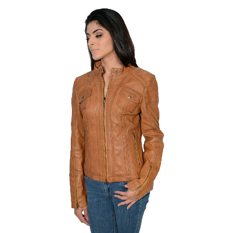 Milwaukee Leather SFL2805 Women's Cognac 'Quilted' Mandarin Collar Fashion Casual Leather Jacket Denim Fabric Leather Fabric Suede Fabric