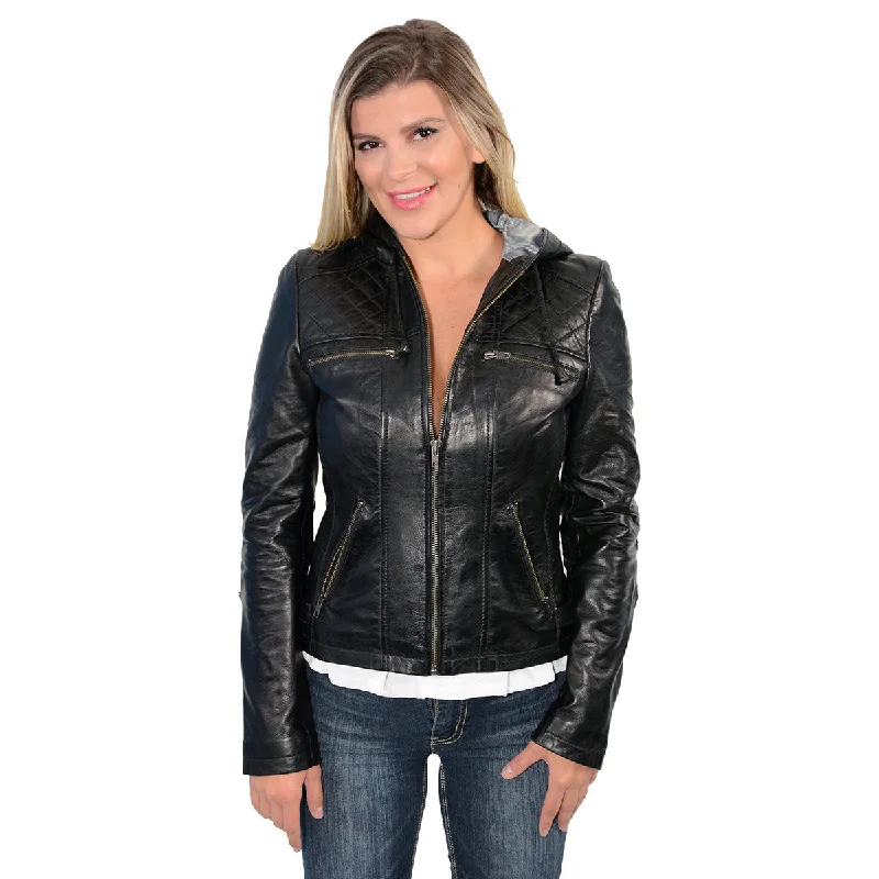 Milwaukee Leather SFL2810 Women's Black Scuba Style Fashion Leather Jacket with Drawstring and Hoodie Print Jacket Jacquard Jacket Patchwork Jacket