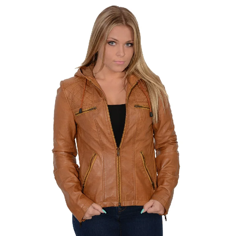 Milwaukee Leather SFL2810 Women's Cognac Scuba Style Fashion Leather Jacket with Drawstring and Hoodie Fitted Jacket Loose Jacket Oversized Jacket