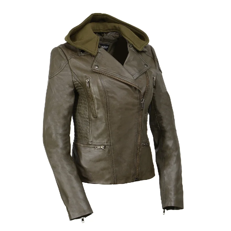 Milwaukee Leather SFL2815 Womens Olive Motorcycle Style Leather Jacket with Hoodie and Asymmetrical Zipper Jersey Jacket Tulle Jacket Batik Jacket