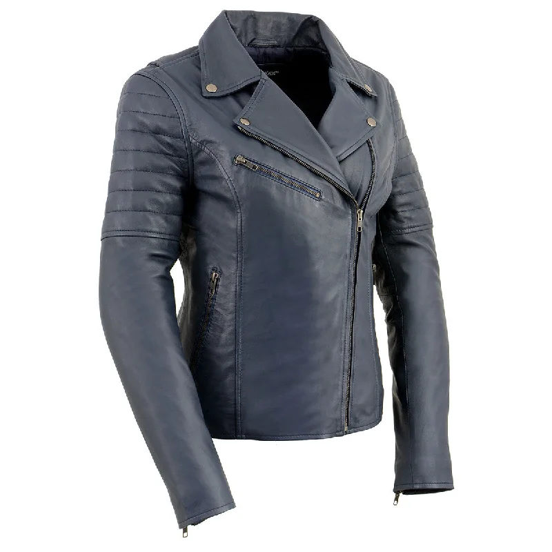 Milwaukee Leather SFL2870 Women's ‘Duchess’ Blue Motorcycle Style Fashion Casual Leather Jacket Belted Jacket Elasticated Jacket Padded Jacket