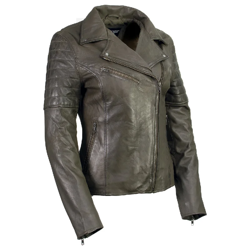 Milwaukee Leather SFL2870 Women's ‘Duchess’ Olive Motorcycle Style Fashion Casual Leather Jacket Satin Fabric Silk Fabric Chiffon Fabric